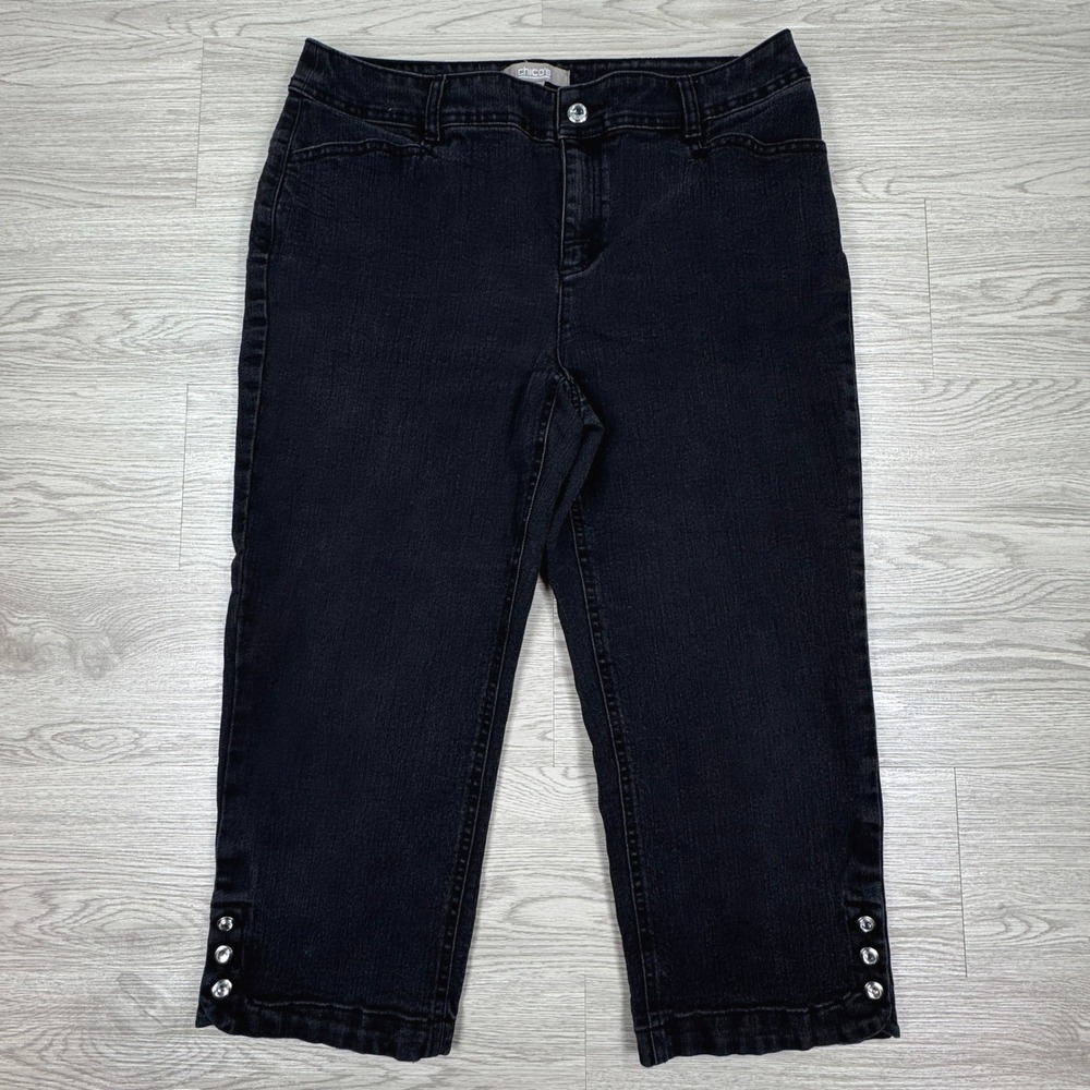 Chico's Women's Crop Jeans Black Size 1(8) Button Hem Stretch Denim Capris